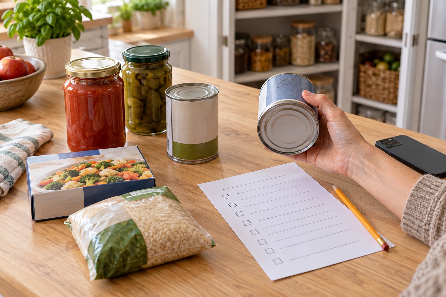 A person checking the bottom of a food can against a pantry recall checklist